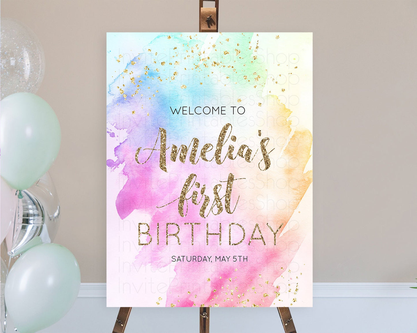 Pastel Welcome Sign Pastel Rainbow Welcome Sign Colorful Rainbow Confetti Watercolor Glitter Pastel First Birthday Welcome Sign D10450