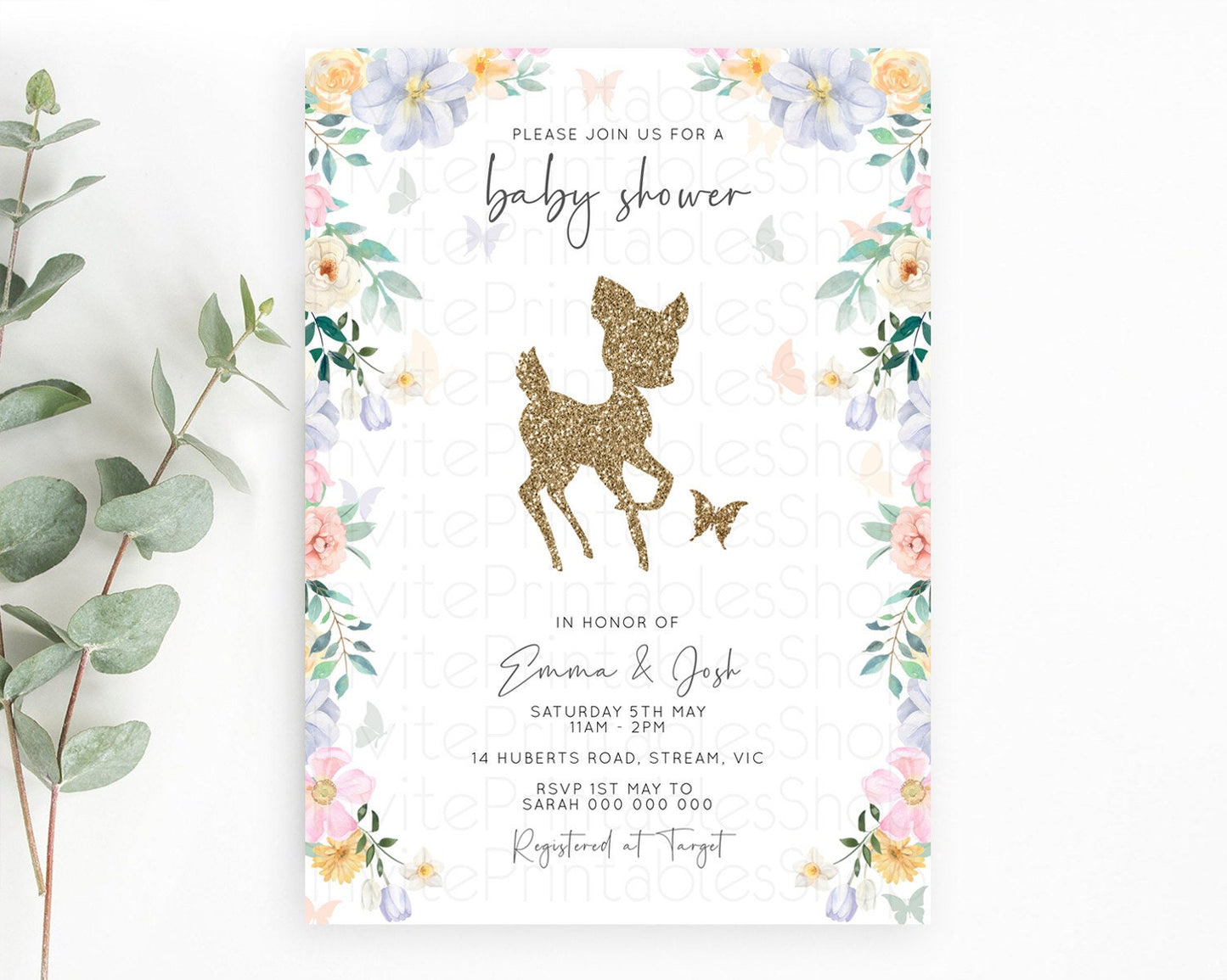 Fawn Baby Shower Invitation Deer Baby Shower Invites Enchanted Forest Theme Butterfly Pastel Flowers Whimsical Baby Shower D10477