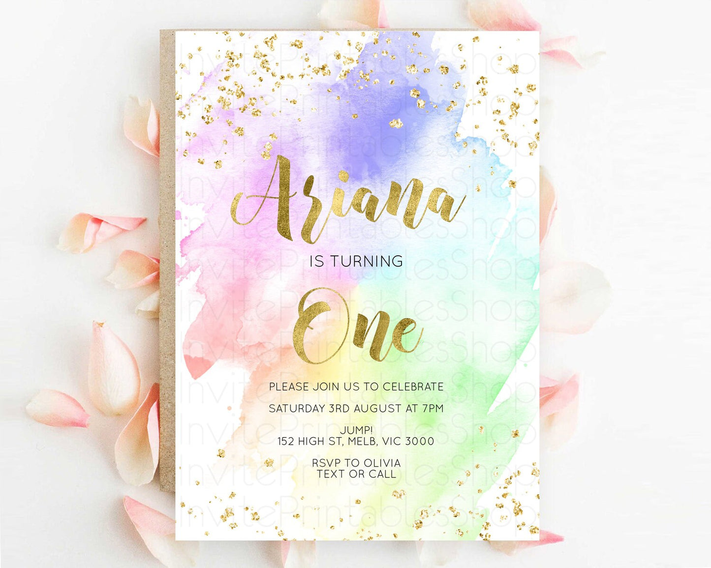 Rainbow Birthday Invitation Colorful Pastel Watercolor Invitation Gold Glitter Sprinkles Ombre Pastel 1st 2nd 3rd Birthday D10876