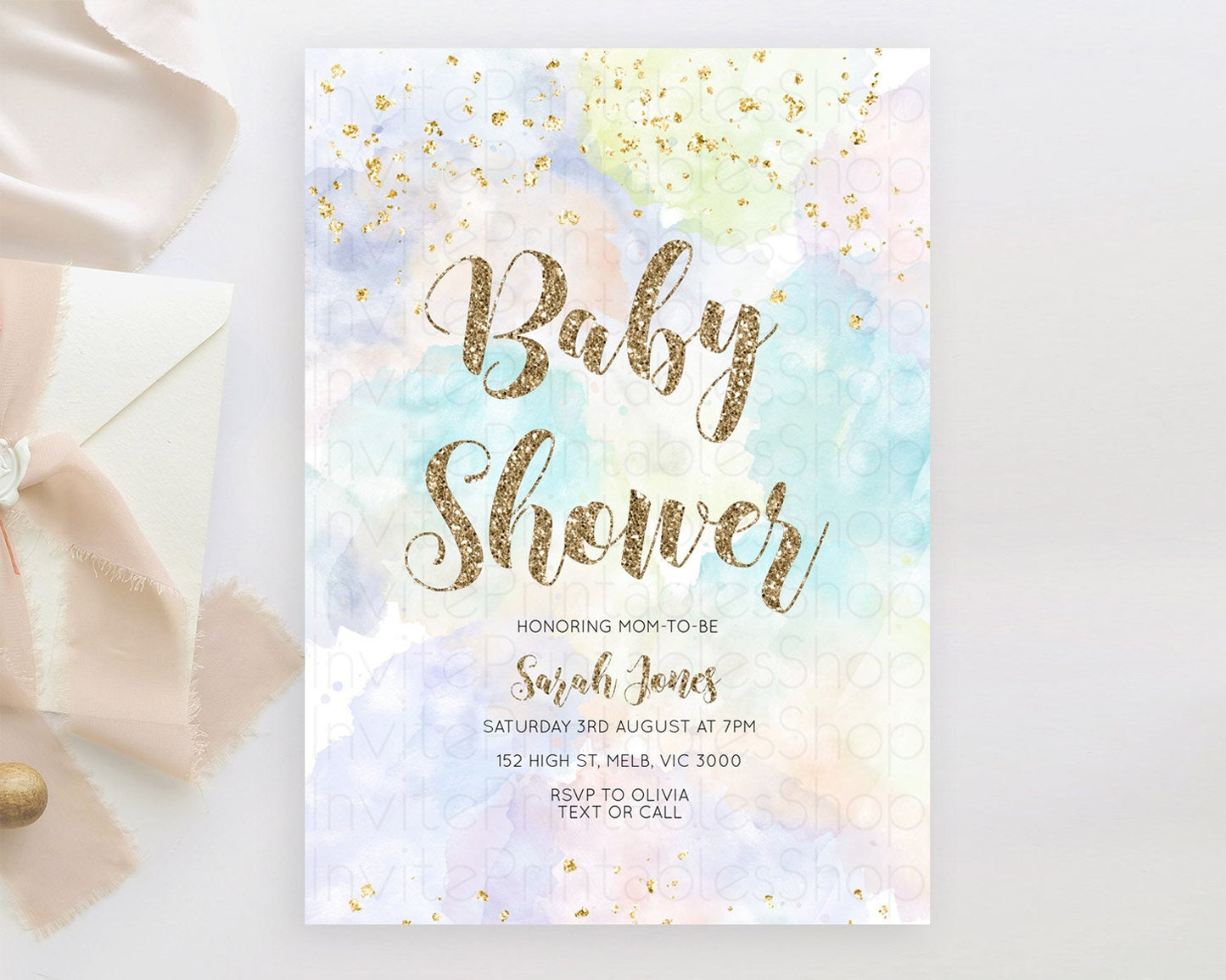 Pastel Baby Shower Invitation Rainbow Baby Shower Invitation Colorful Pastel Watercolor Invitation Gold Glitter Sprinkles Ombre D10614