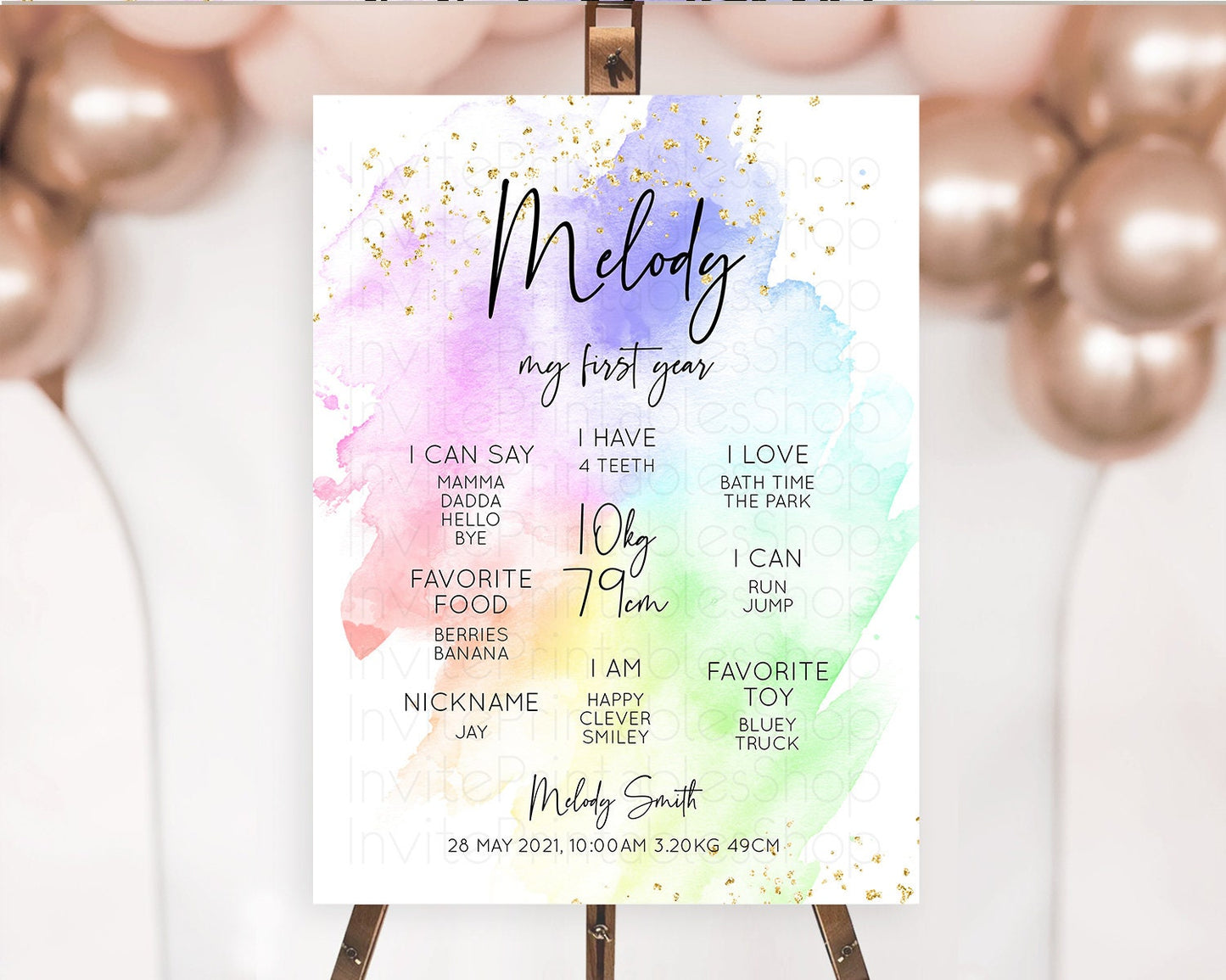 Pastel First Birthday Milestone Board Pastel Rainbow Milestone Poster Colorful Confetti Watercolor Glitter 1st Birthday Welcome Sign D10316