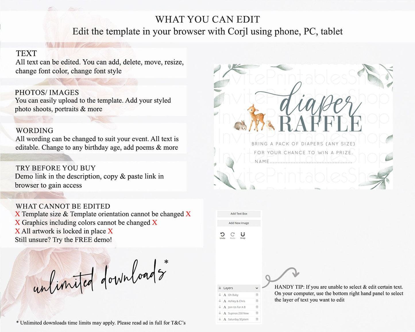 Fawn Diaper Raffle Card Deer Diaper Insert Floral Deer Diaper Ticket Enchanted Forest Butterfly Pastel Baby Shower Raffle Game D10872