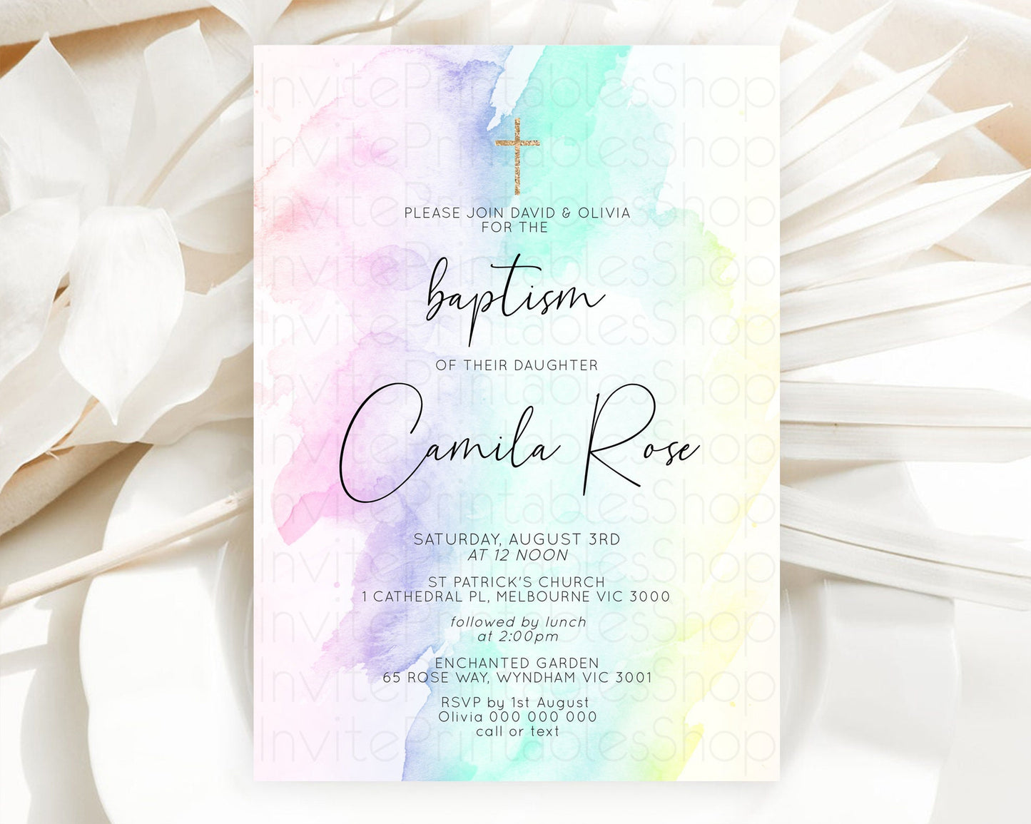 Pastel Baptism Invitation Pastel Colors Watercolor Baptism 1st Birthday Party Gold Ombre Pastel Rainbow Christening Holy Communion D10231