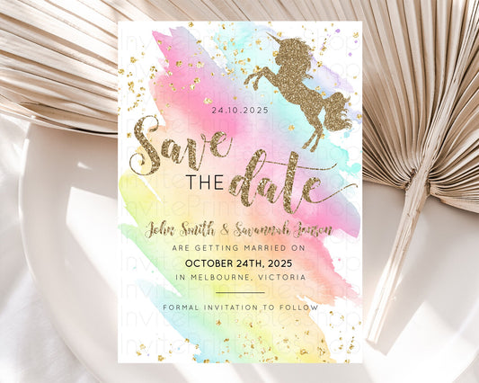 Unicorn Rainbow Save The Date Template Pastel Unicorn Party Magical Pastel Ombre Watercolor Unicorn 1st Birthday Baptism Baby Shower D10498