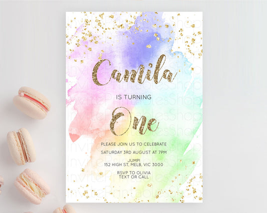 Rainbow Birthday Invitation Colorful Pastel Watercolor Invitation Gold Glitter Sprinkles Ombre Pastel 1st 2nd 3rd Birthday D10319