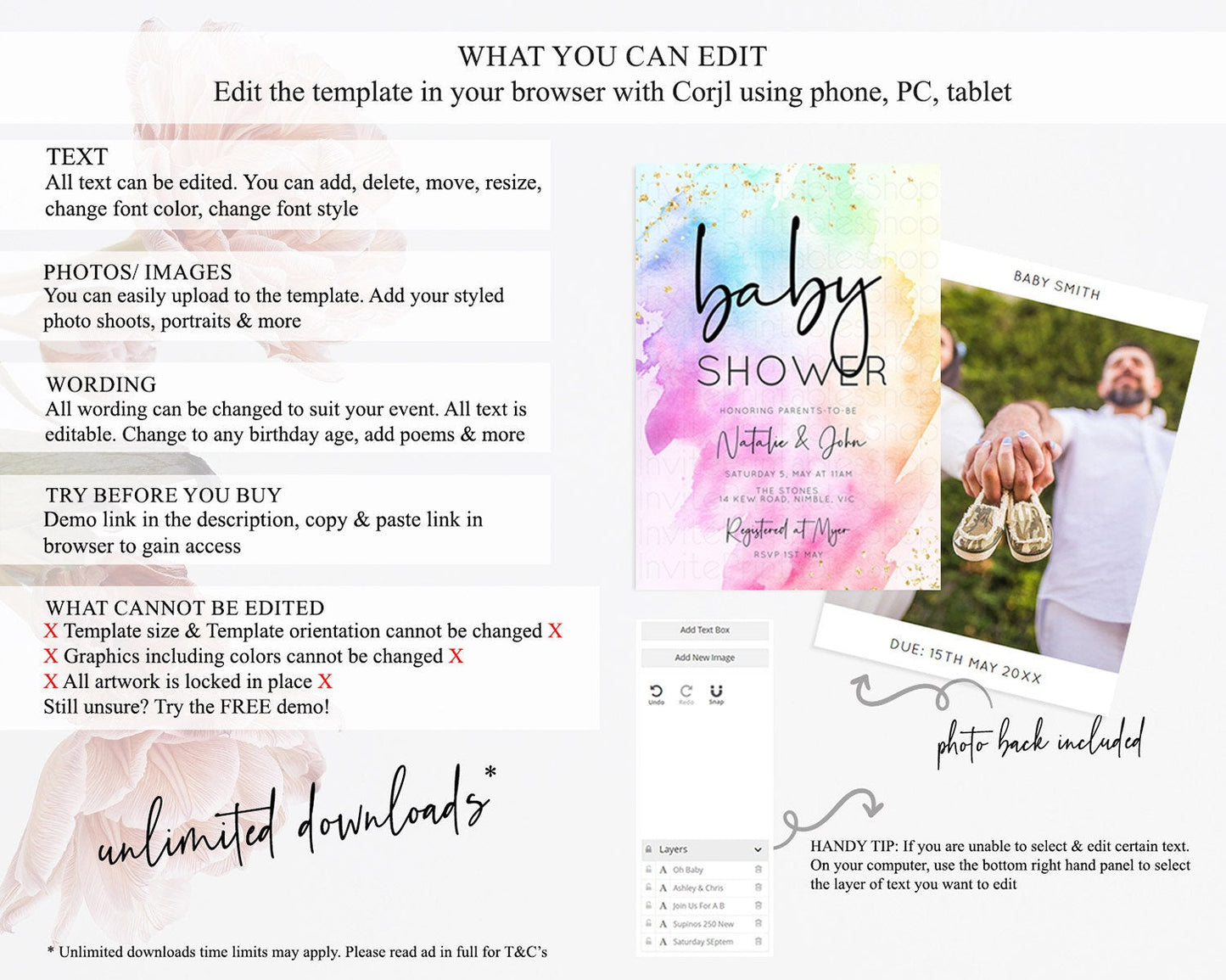 Pastel Rainbow Baby Shower Invitation, Watercolor Splash, Gold Confetti Sprinkles, Colorful Ombre Pink, Yellow, Green, Orange D10449