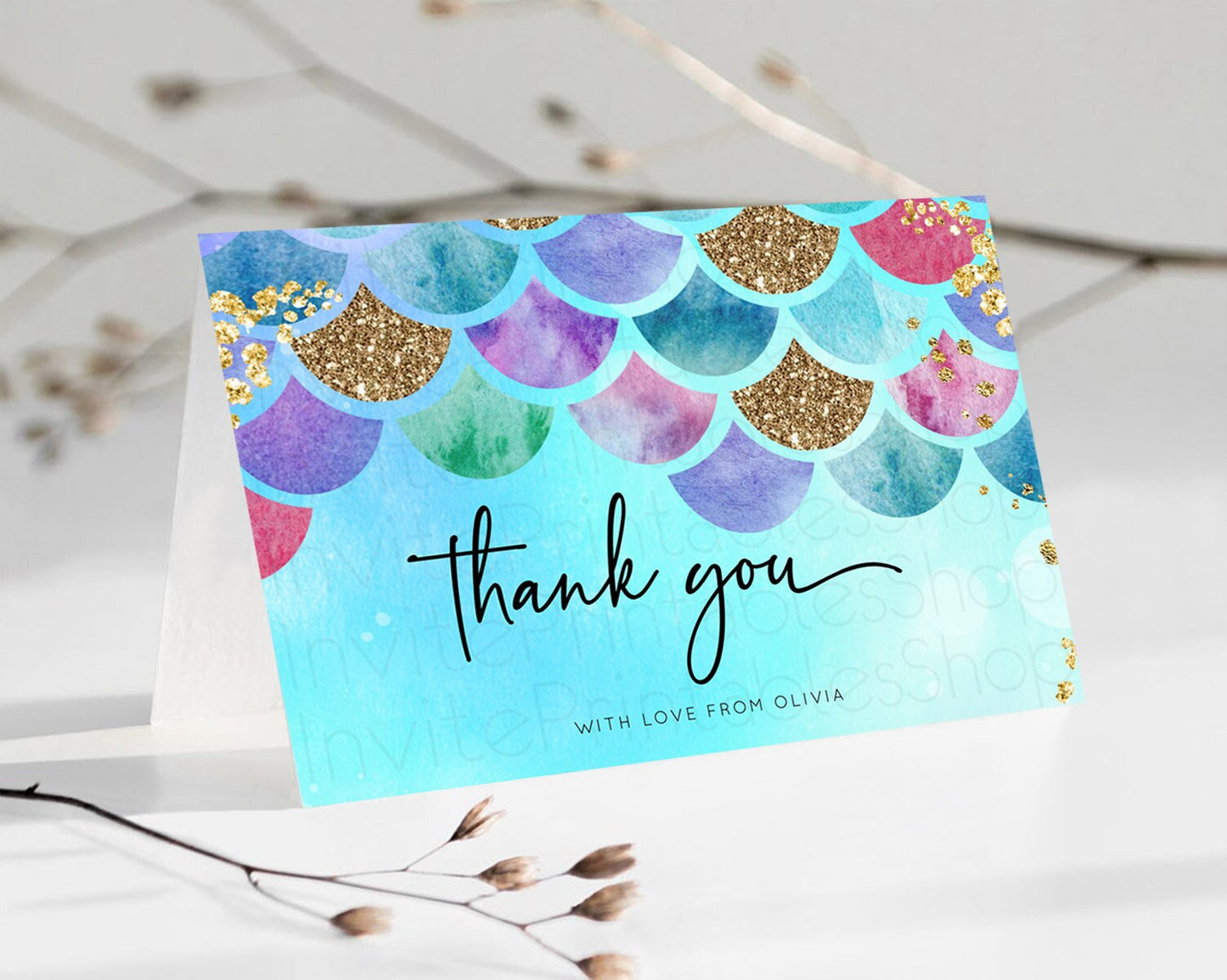 Rainbow Fish Thank You Card Rainbow Fish Birthday Thank You Card Watercolor Mermaid Rainbow Under Sea Pastel Teacher Thank You Card D10581