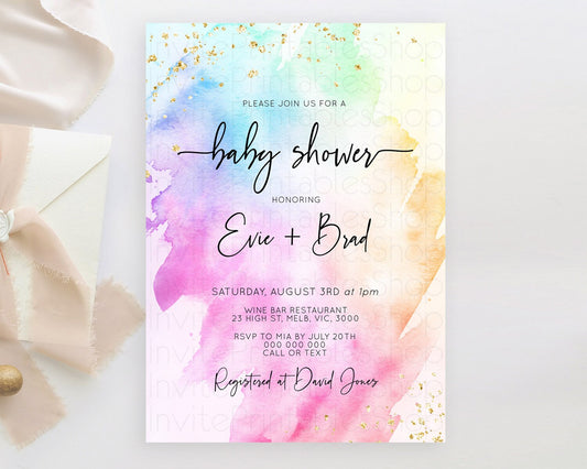 Pastel Baby Shower Invitation Rainbow Baby Shower Invitation Colorful Pastel Watercolor Invitation Gold Glitter Sprinkles Ombre D10449