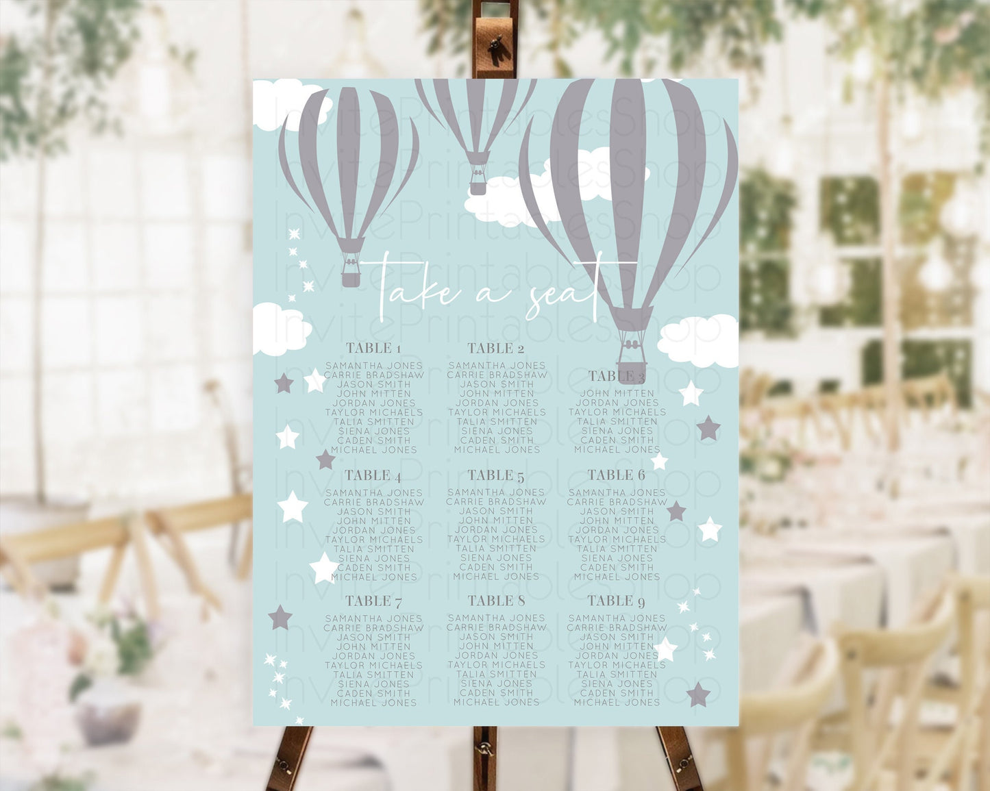 Hot Air Balloon Seating Chart Hot Air Balloon Seating Chart Adventure Awaits Up & Away Glitter Blue Watercolor Seating Take a Seat D10324