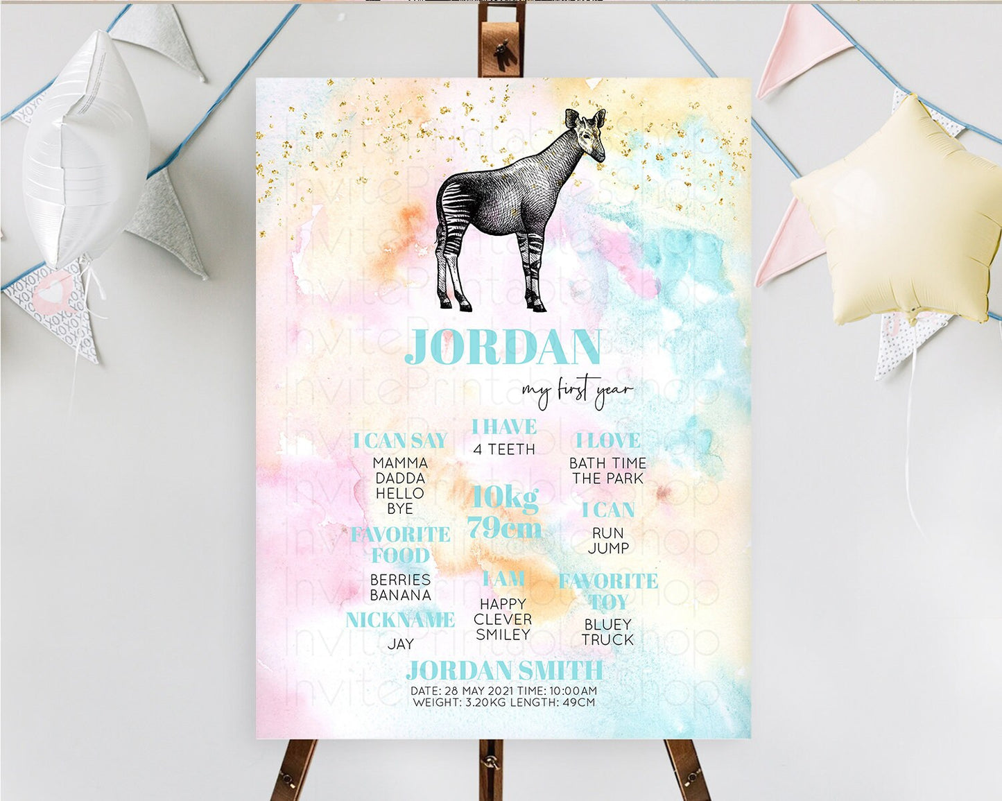 Pastel Okapi First Birthday Milestone Board Okapi Milestone Poster Colorful Rainbow Pastel Watercolor Okapi 1st Birthday Sign D10282