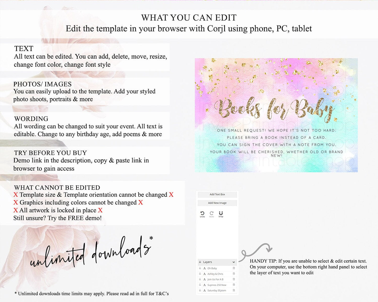 Pastel Books For Baby Card Pastel Rainbow Book Insert Colorful Ombre Watercolor Book Card Confetti Glitter Baby Book Poem Request D10669