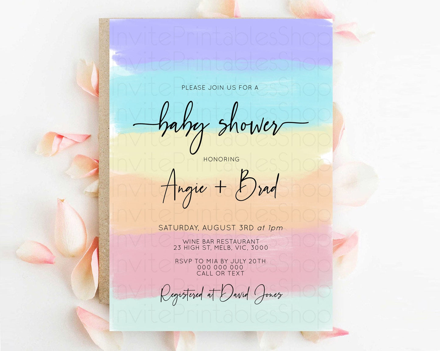 Pastel Baby Shower Invitation Rainbow Baby Shower Invitation Colorful Pastel Watercolor Invitation Gold Glitter Sprinkles Ombre D10510