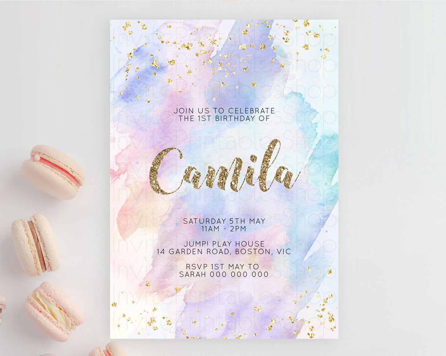 Rainbow Birthday Invitation Colorful Pastel Watercolor Invitation Gold Glitter Sprinkles Ombre Pastel 1st 2nd 3rd Birthday D10583