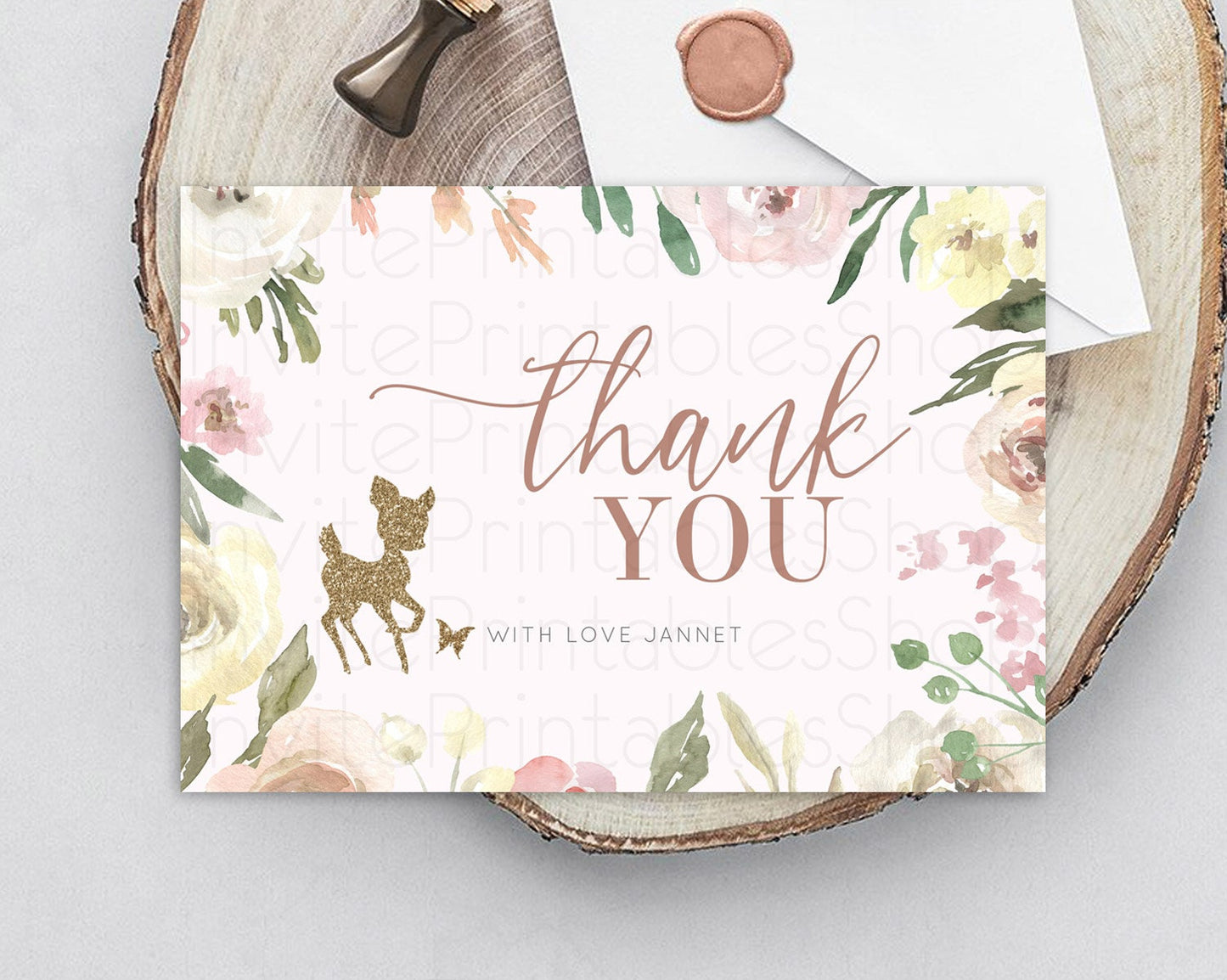 Fawn Thank You Deer Thank You Card Pastel Floral Deer Birthday Thank You Card Enchanted Forest Butterfly Deer Teacher Thank You Card D10193