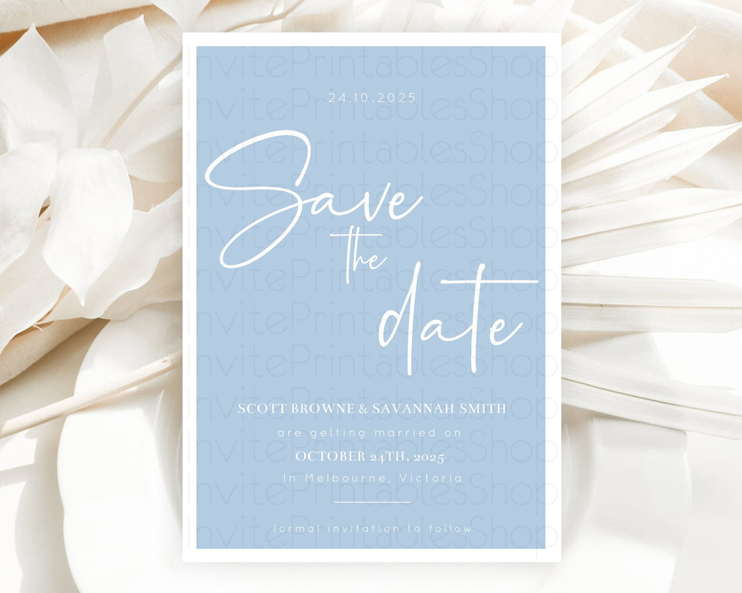 Minimalist Blue Save The Date Template Simple Modern Blue Party Theme For 1st Birthday Baptism Baby Shower Wedding Bridal Shower D10734