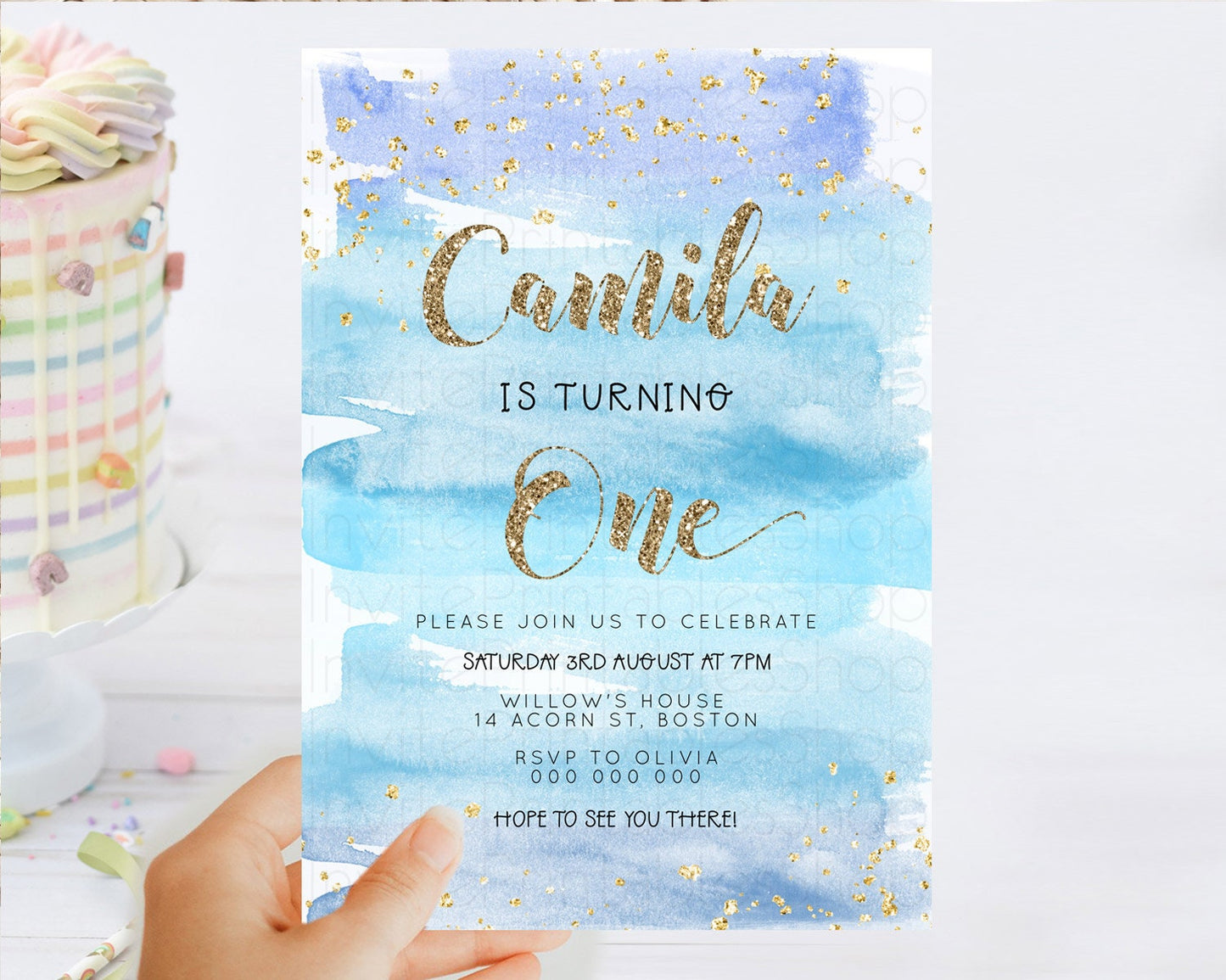 Blue Birthday Invitation Blue Watercolor Invitation Pastel Blue Watercolor Invitation Blue Splash Gold Invitation 1st First Birthday D23277