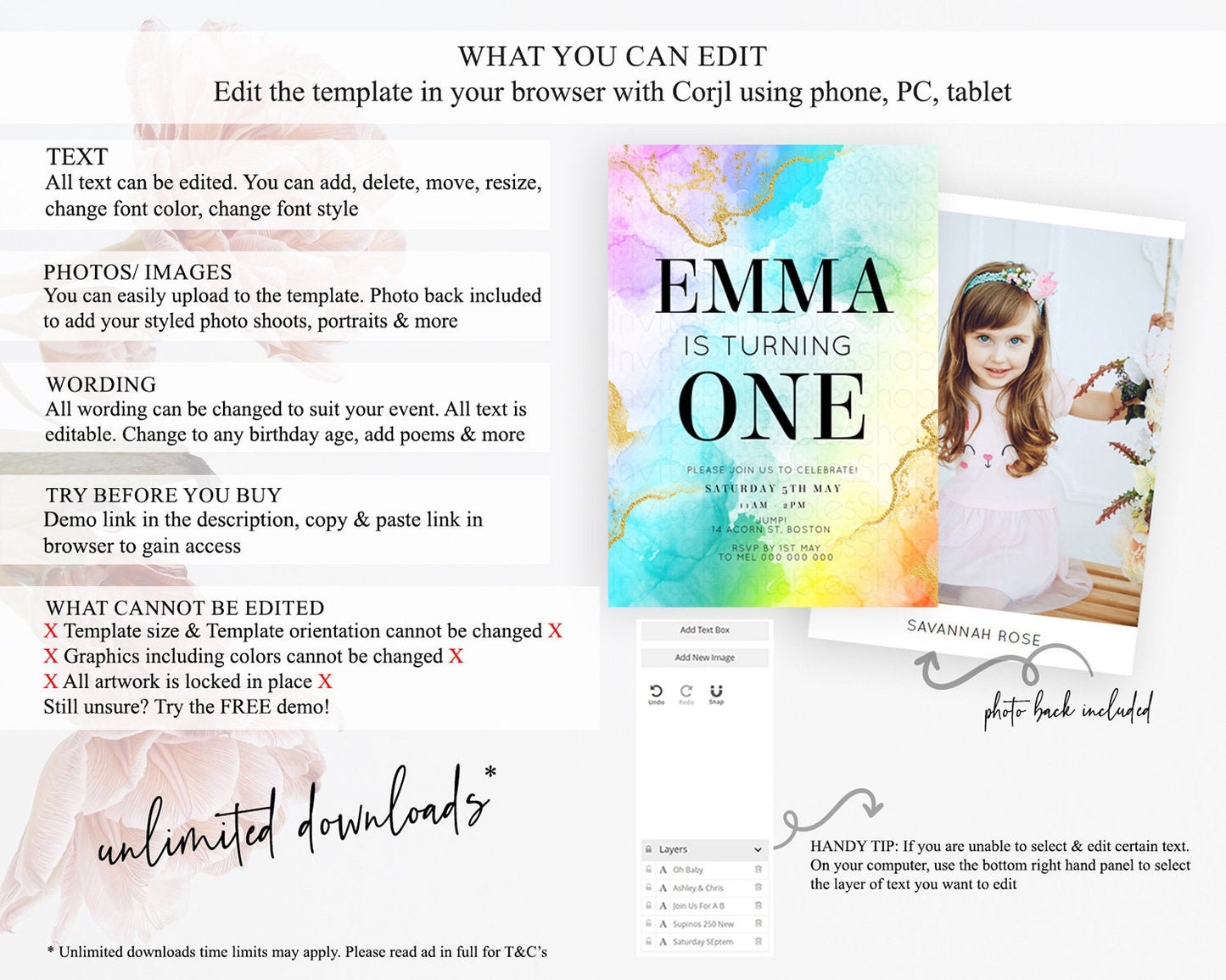 Rainbow Birthday Invitation Colorful Pastel Watercolor Invitation Gold Glitter Sprinkles Ombre Pastel 1st 2nd 3rd Birthday D10393