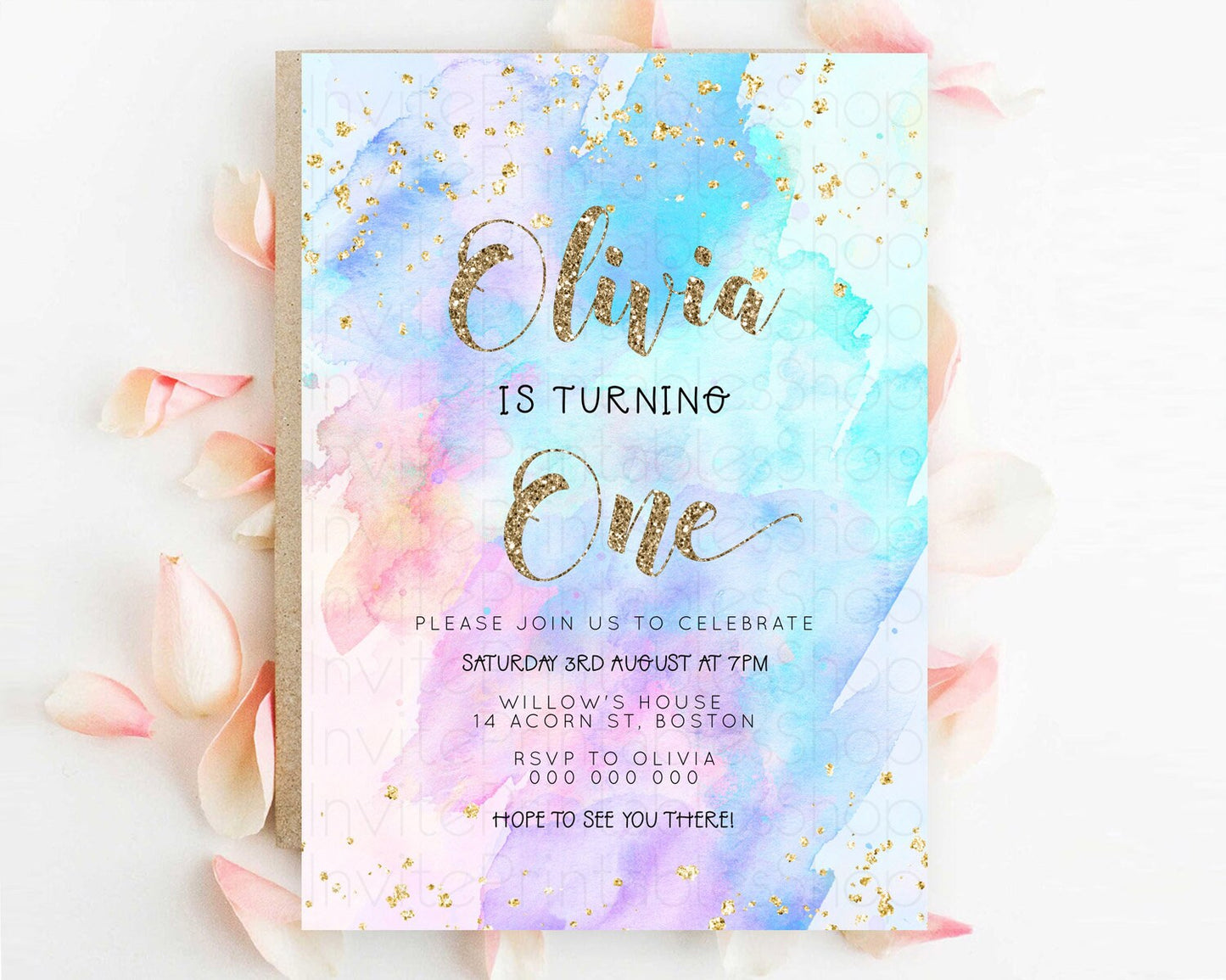 Rainbow Birthday Invitation Colorful Pastel Watercolor Invitation Gold Glitter Sprinkles Ombre Pastel 1st 2nd 3rd Birthday D23293