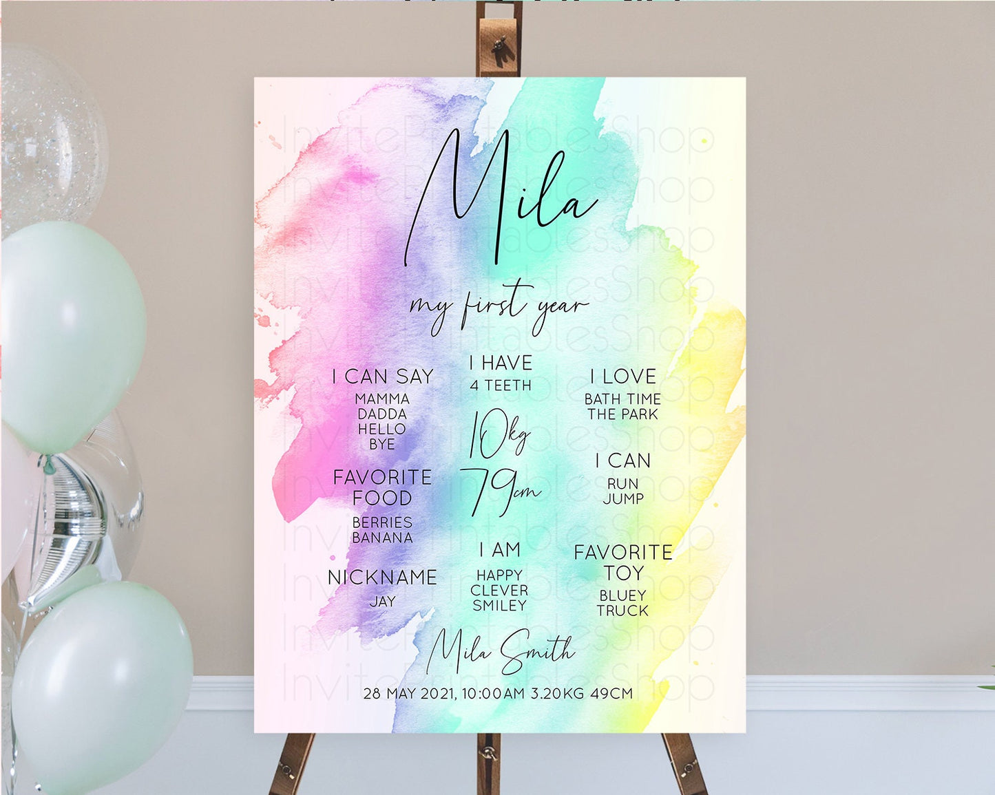 Pastel First Birthday Milestone Board Pastel Rainbow Milestone Poster Colorful Confetti Watercolor Glitter 1st Birthday Welcome Sign D10231