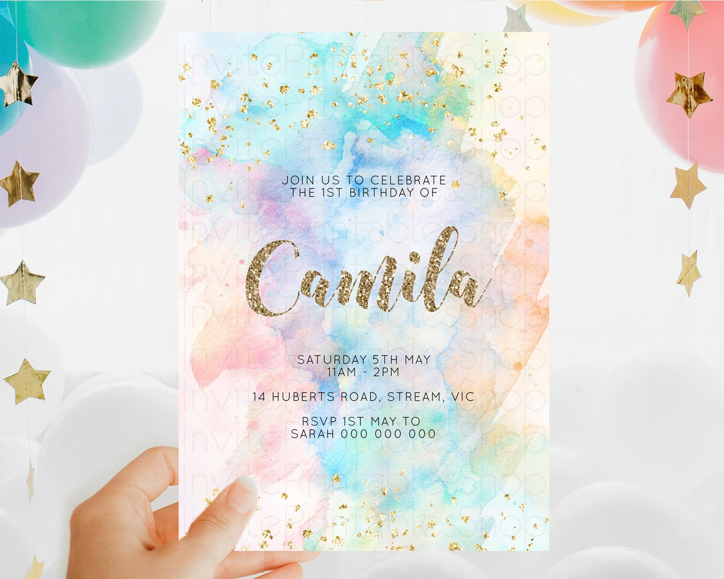 Rainbow Birthday Invitation Colorful Pastel Watercolor Invitation Gold Glitter Sprinkles Ombre Pastel 1st 2nd 3rd Birthday D10261