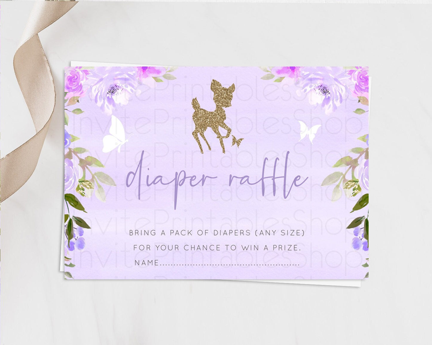 Fawn Diaper Raffle Card Deer Diaper Insert Floral Deer Diaper Ticket Enchanted Forest Butterfly Pastel Baby Shower Raffle Game D10963