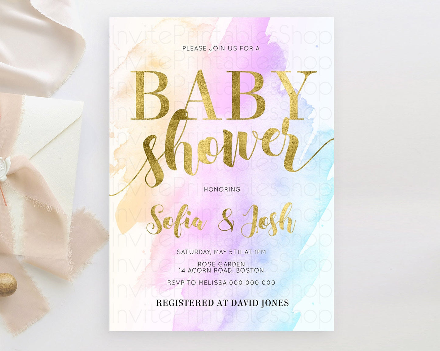 Pastel Baby Shower Invitation Rainbow Baby Shower Invitation Colorful Pastel Watercolor Invitation Gold Glitter Sprinkles Ombre D11027