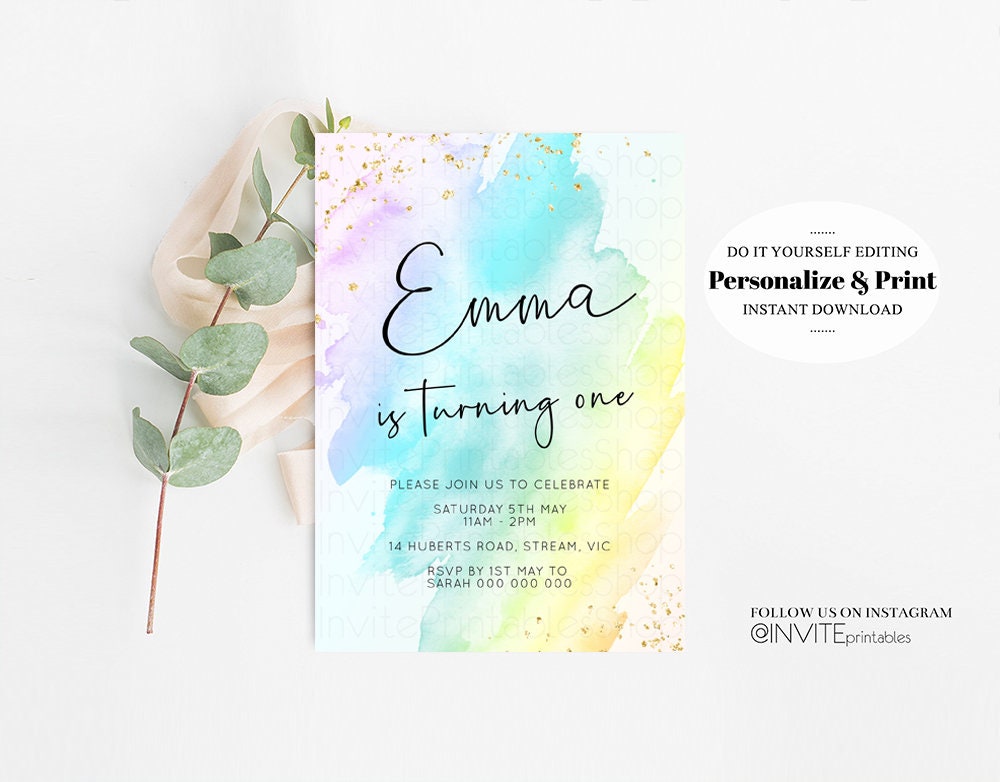 Rainbow Birthday Invitation Ombre Pastel Invitation Colorful Watercolor Splash Invite Gold Glitter Sprinkles Printable Digital Invite 146