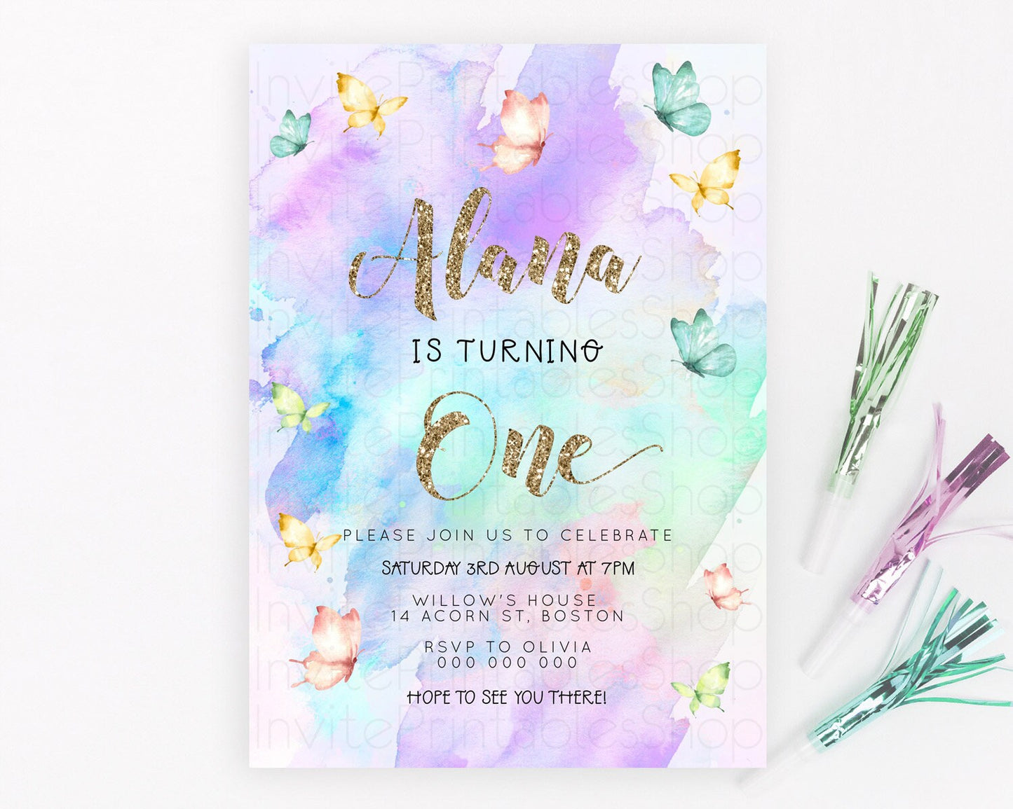 Pastel Butterfly Birthday Invitation Butterfly Birthday Invitation Colorful Splash Glitter Butterfly Garden 1st 2nd Birthday D23244