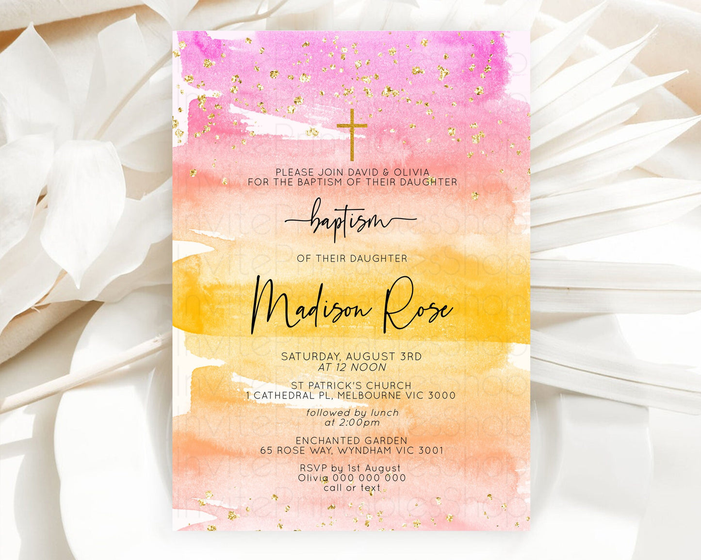 Pastel Baptism Invitation Pastel Colors Watercolor Baptism 1st Birthday Party Gold Ombre Pastel Rainbow Christening Holy Communion D10520