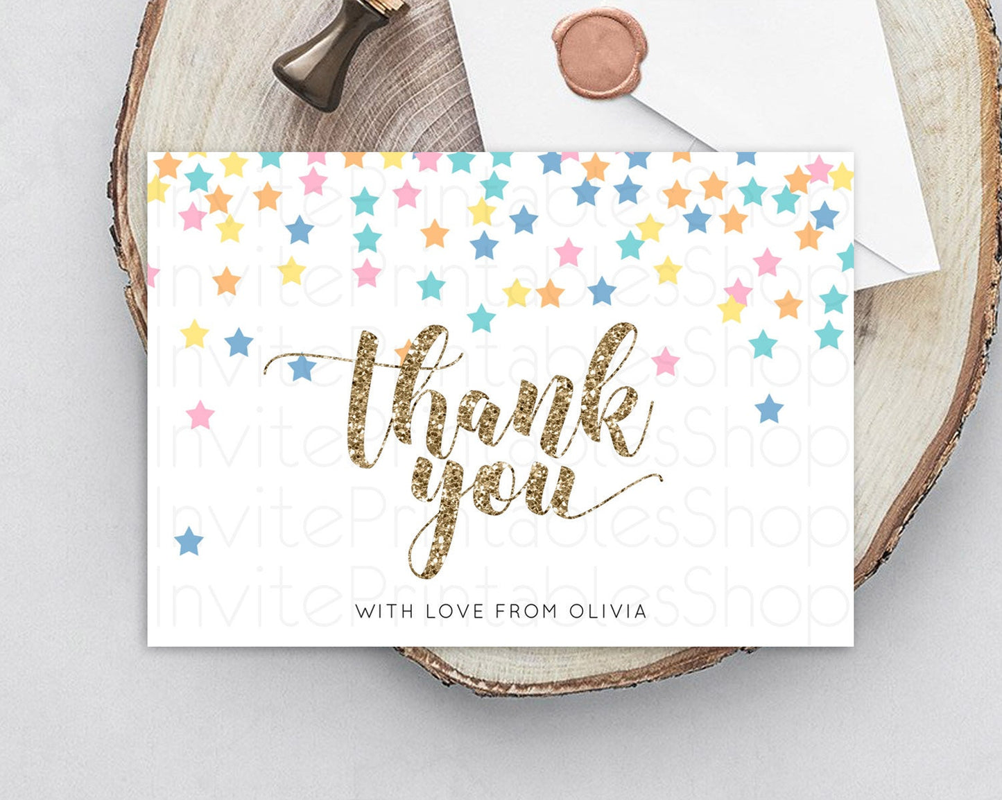 Star Thank You Card Pastel Stars Thank You Shooting Star Rainbow Colorful Confetti Twinkle Little Star Birthday Teacher Thank You D10298