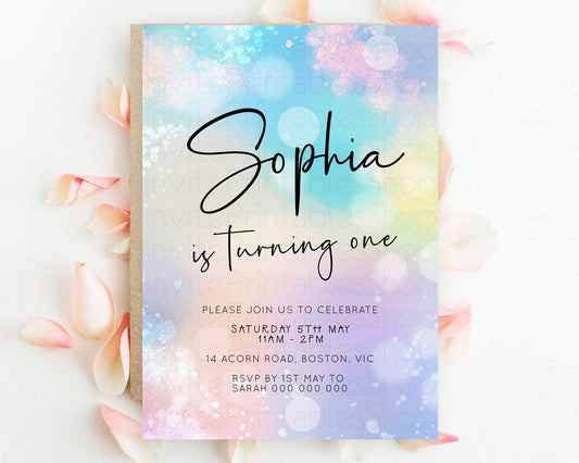 Pastel Birthday Invitation Ombre Watercolor Birthday Invitation Glitter Rainbow Color Splash 1st 2nd 3rd Birthday Invitation D23111