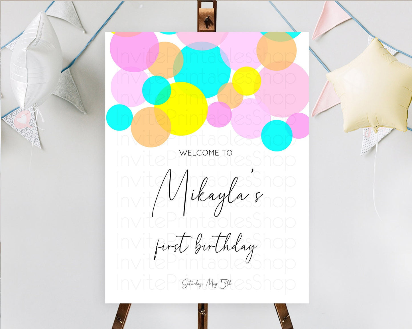 Rainbow Welcome Sign Pastel Welcome Board Pastel Rainbow Confetti Welcome Sign Colorful Bubbles Pastel First Birthday Welcome Sign D10896