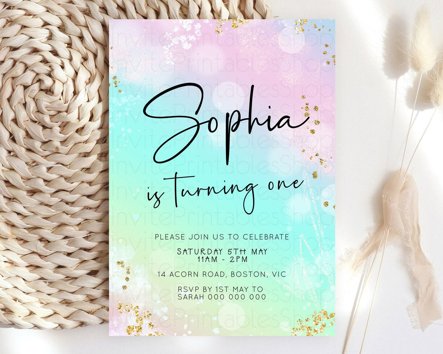 Pastel Birthday Invitation Ombre Watercolor Birthday Invitation Glitter Rainbow Color Splash 1st 2nd 3rd Birthday Invitation D23097