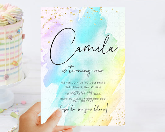 Editable Rainbow Birthday Invitation Colorful Pastel Watercolor Invitation G