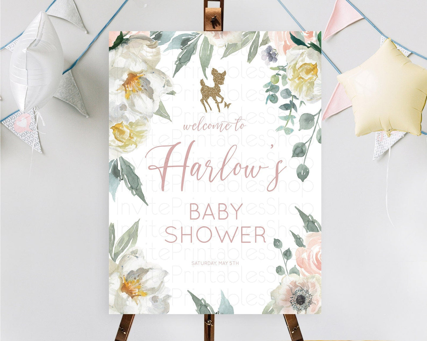 Fawn Baby Shower Welcome Sign Deer Welcome Board Floral Deer Welcome Poster Enchanted Forest Butterfly Pastel Floral Welcome Sign D10120