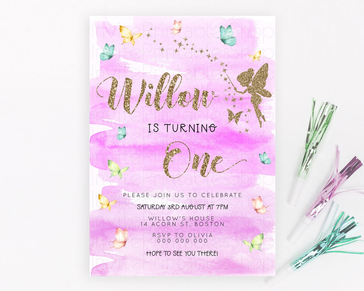 Pastel Fairy Birthday Invitation Pastel Butterflies Fairy Birthday Invitation Rainbow Ombre Watercolor 1st 2nd Birthday Invitation D23326