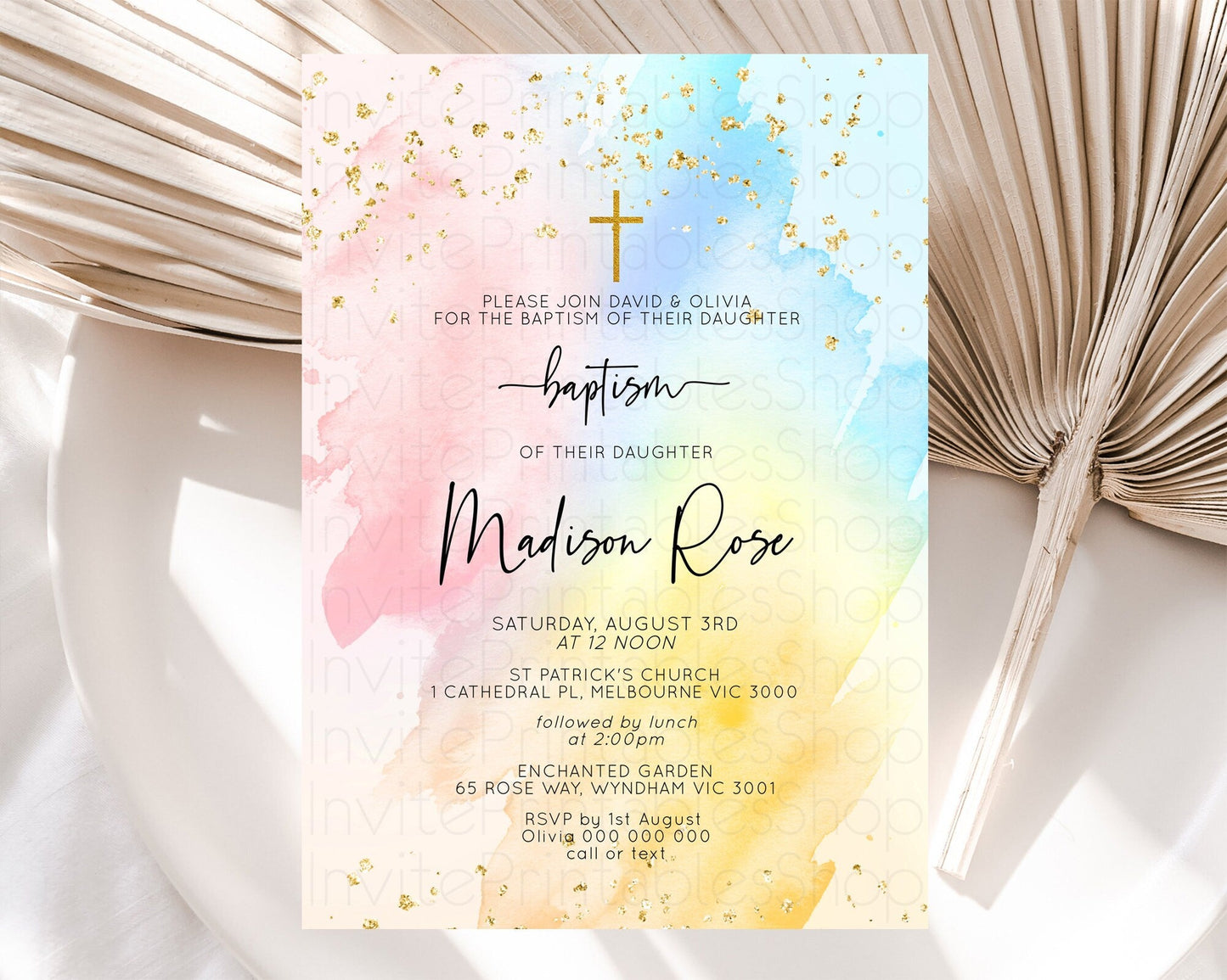 Pastel Baptism Invitation Pastel Colors Watercolor Baptism 1st Birthday Party Gold Ombre Pastel Rainbow Christening Holy Communion D10557