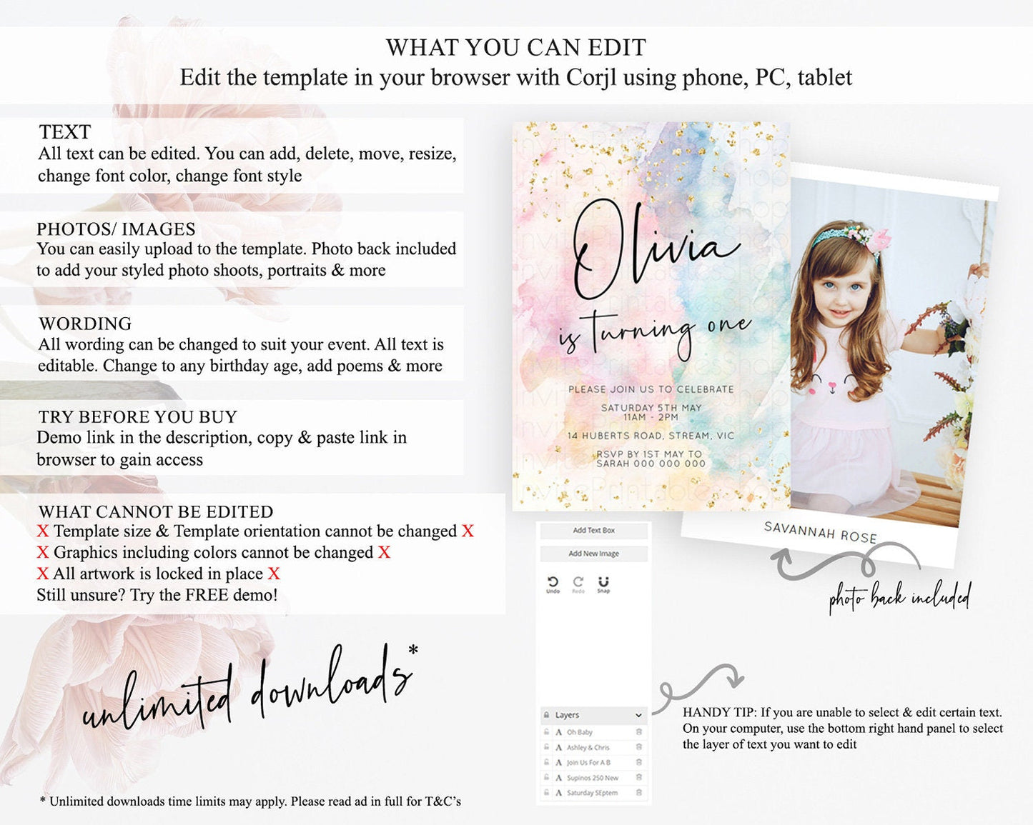Rainbow Birthday Invitation Colorful Pastel Watercolor Invitation Gold Glitter Sprinkles Ombre Pastel 1st 2nd 3rd Birthday D10263