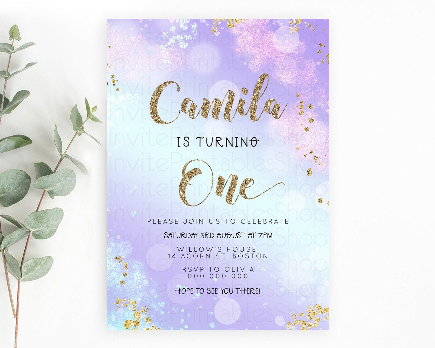 Rainbow Birthday Invitation Colorful Pastel Watercolor Invitation Gold Glitter Sprinkles Ombre Pastel 1st 2nd 3rd Birthday D23118