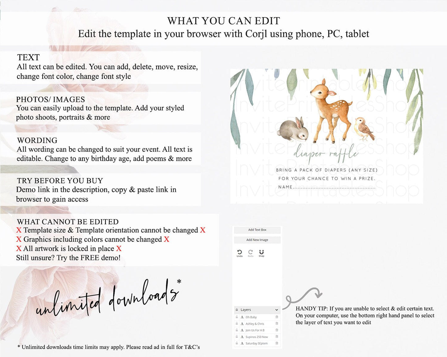 Fawn Diaper Raffle Card Deer Diaper Insert Floral Deer Diaper Ticket Enchanted Forest Butterfly Pastel Baby Shower Raffle Game D10919