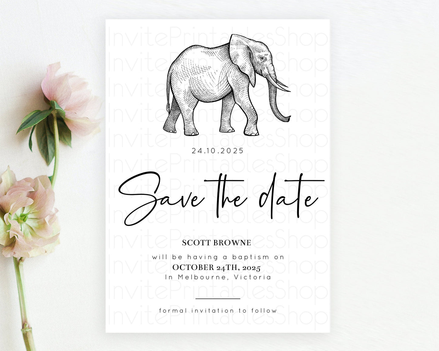 Elephant Save The Date Template Elephant Safari Adventure Party Dried Palm Fern Zoo 1st Birthday Baptism Baby Shower Bridal Shower D10248