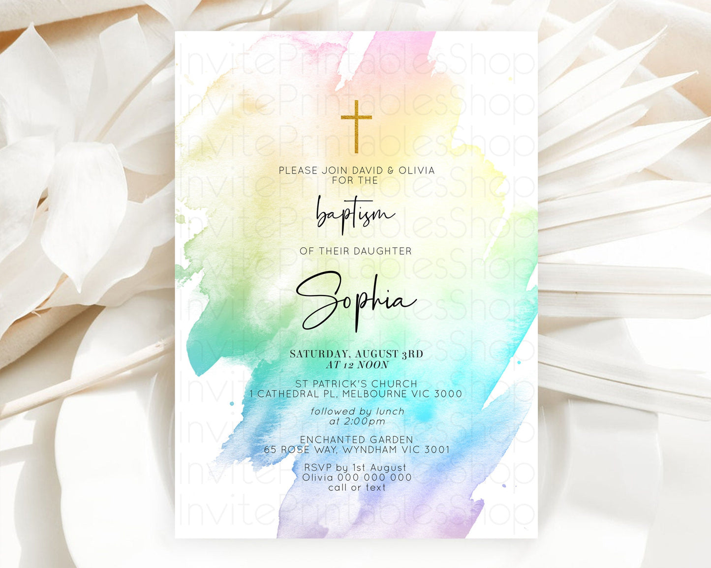 Pastel Baptism Invitation Pastel Colors Watercolor Baptism 1st Birthday Party Gold Ombre Pastel Rainbow Christening Holy Communion D10279