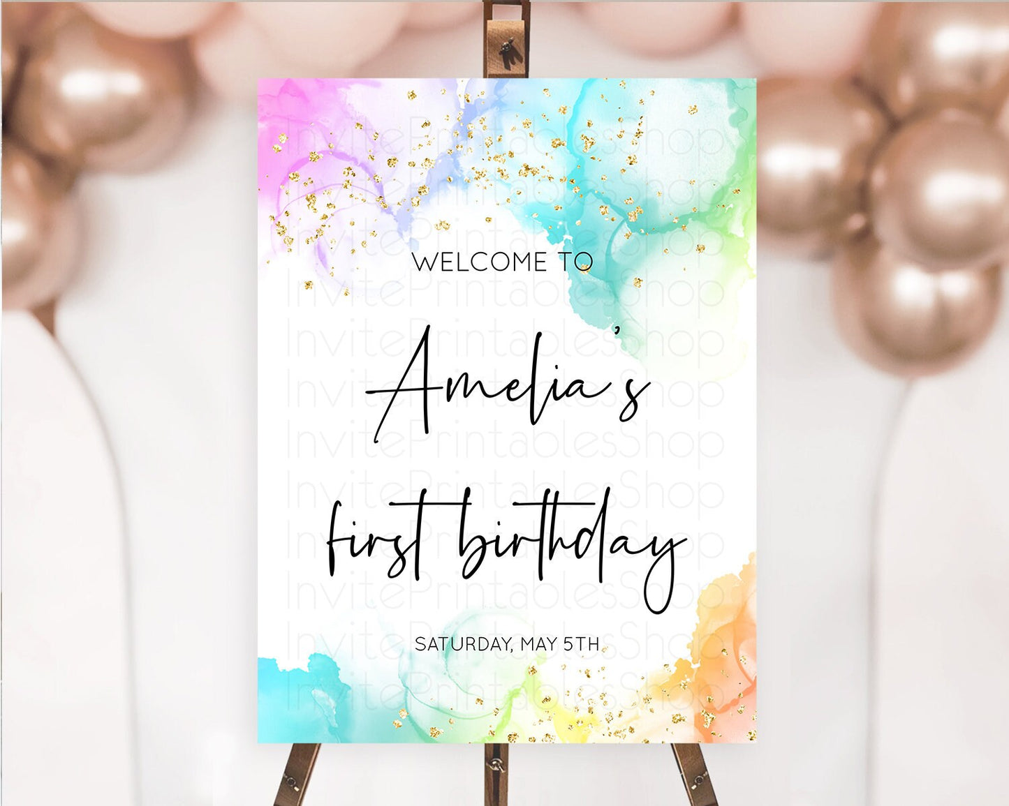 Pastel Welcome Sign Pastel Rainbow Welcome Sign Colorful Rainbow Confetti Watercolor Glitter Pastel First Birthday Welcome Sign D10181