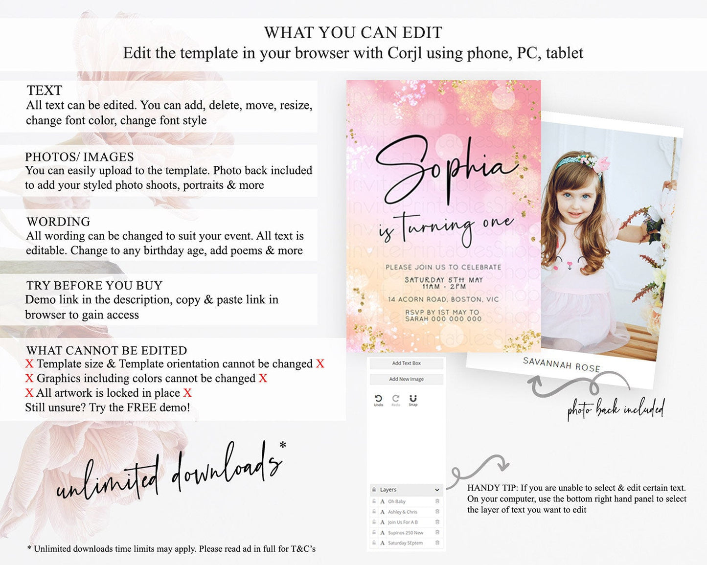 Pink Birthday Invitation pink Watercolor Invitation Pastel pink Watercolor Invitation pink Splash Gold Invitation 1st First Birthday D23095