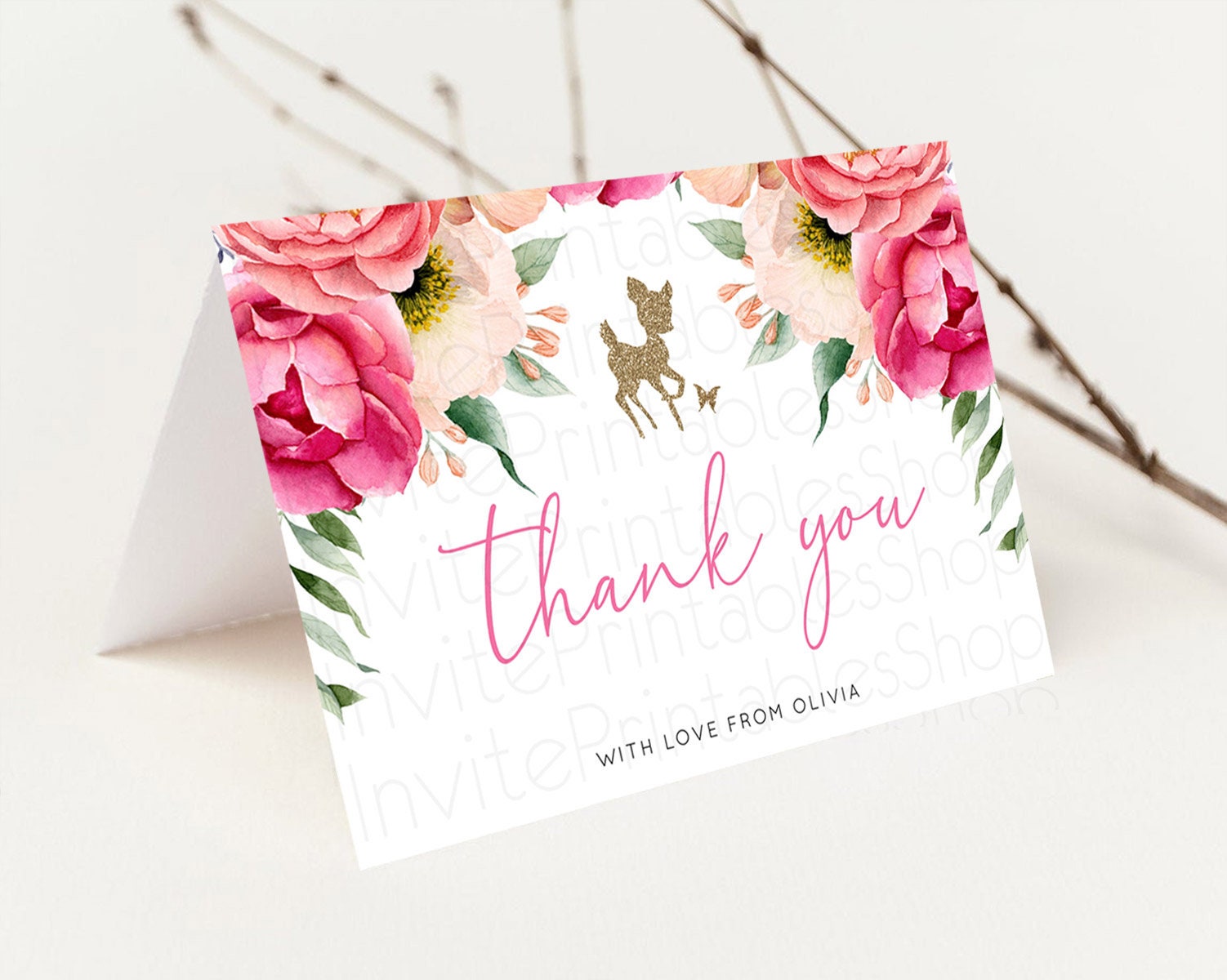 Editable Fawn Thank You Deer Thank You Card Pastel Floral Deer Birthday Than