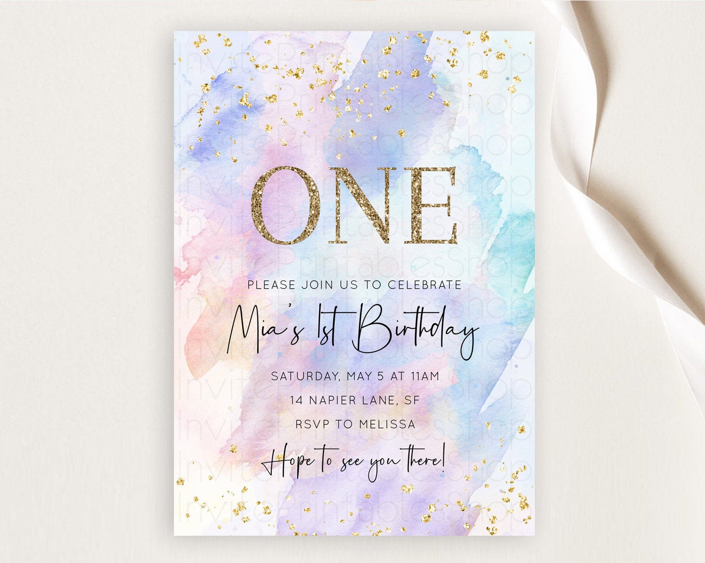 Rainbow Birthday Invitation Colorful Pastel Watercolor Invitation Gold Glitter Sprinkles Ombre Pastel 1st 2nd 3rd Birthday D10585