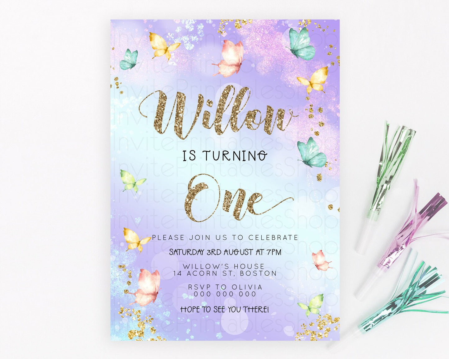 Pastel Butterfly Birthday Invitation Butterfly Birthday Invitation Colorful Splash Glitter Butterfly Garden 1st 2nd Birthday D23082