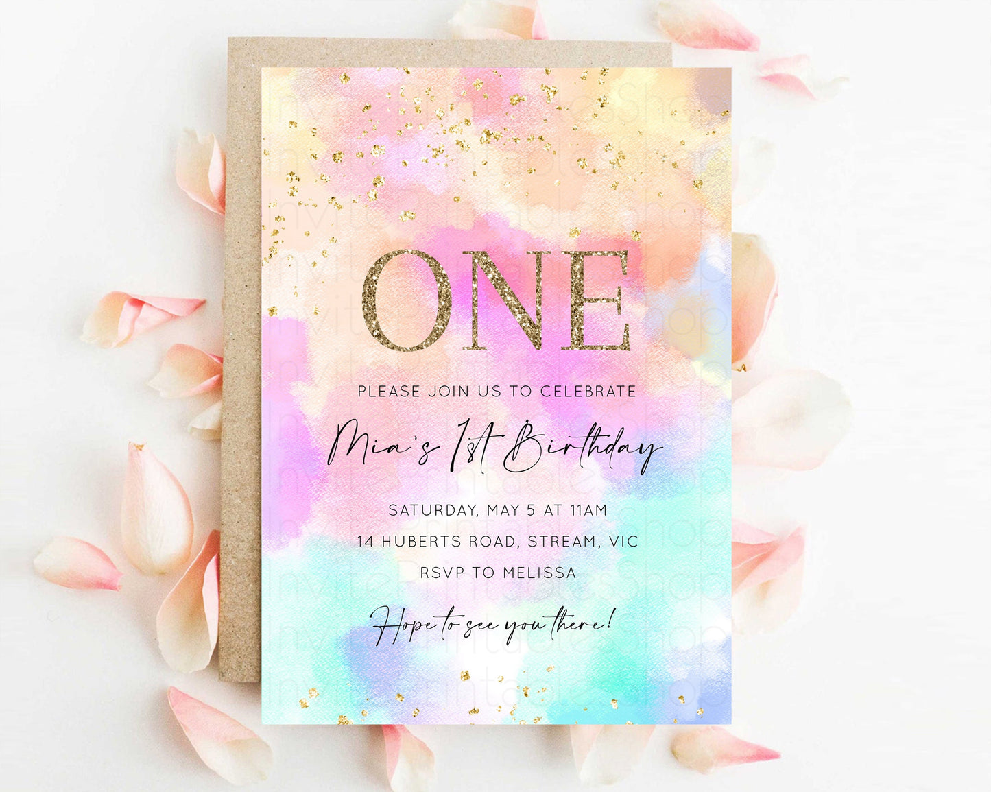 Rainbow Birthday Invitation Pastel Birthday Invite Ombre Watercolor Invite Enchanted Theme Colorful Splash Glitter Sprinkles 1st 2nd 3rd