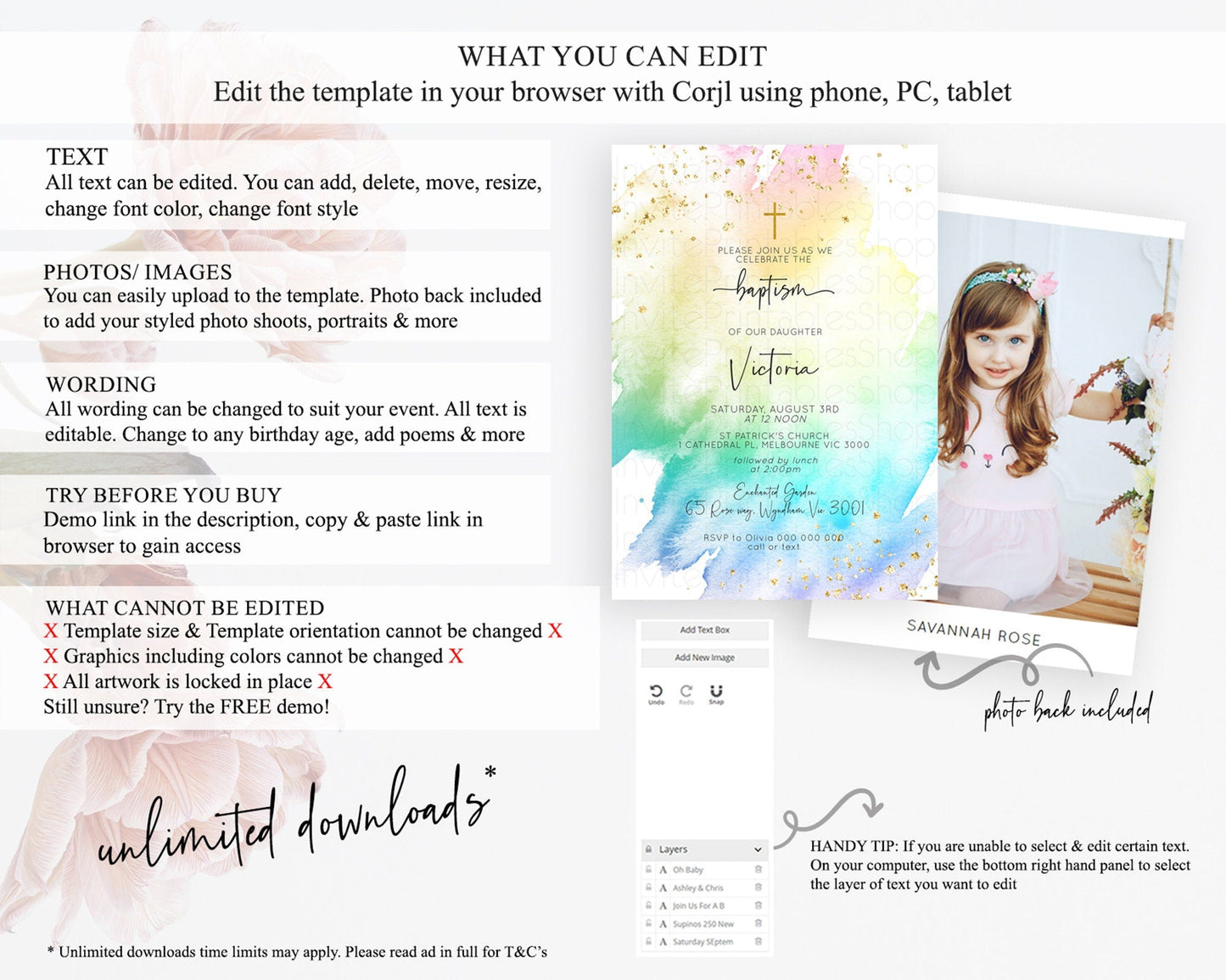 Pastel Baptism Invitation Pastel Colors Watercolor Baptism 1st Birthday Party Gold Ombre Pastel Rainbow Christening Holy Communion D10256