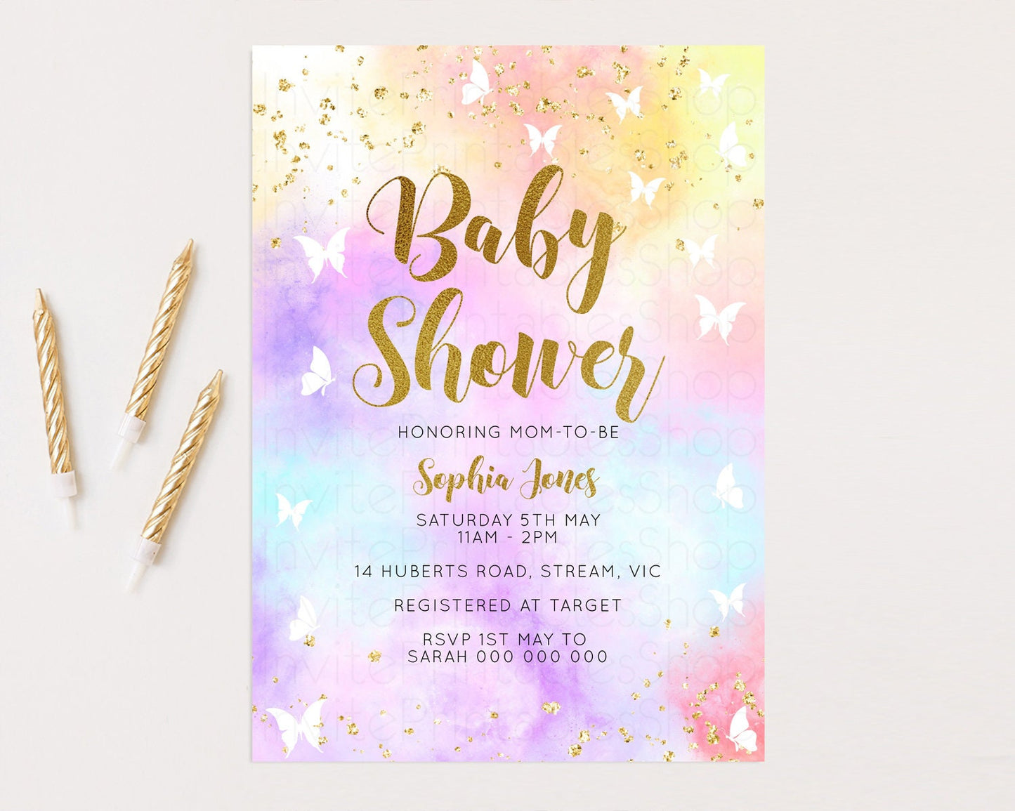 Rainbow Baby Shower Invitation Pastel Baby Sower Invitation Colorful Invite Sprinkle Confetti Watercolor Butterfly Baby Shower Invite D10435